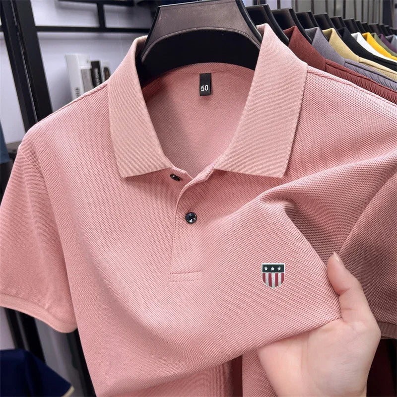 Men's Summer Luxury 100% Cotton Polo Shirt, Lapel Print Short Sleeve T-shirt, Breathable Business Casual Menswear