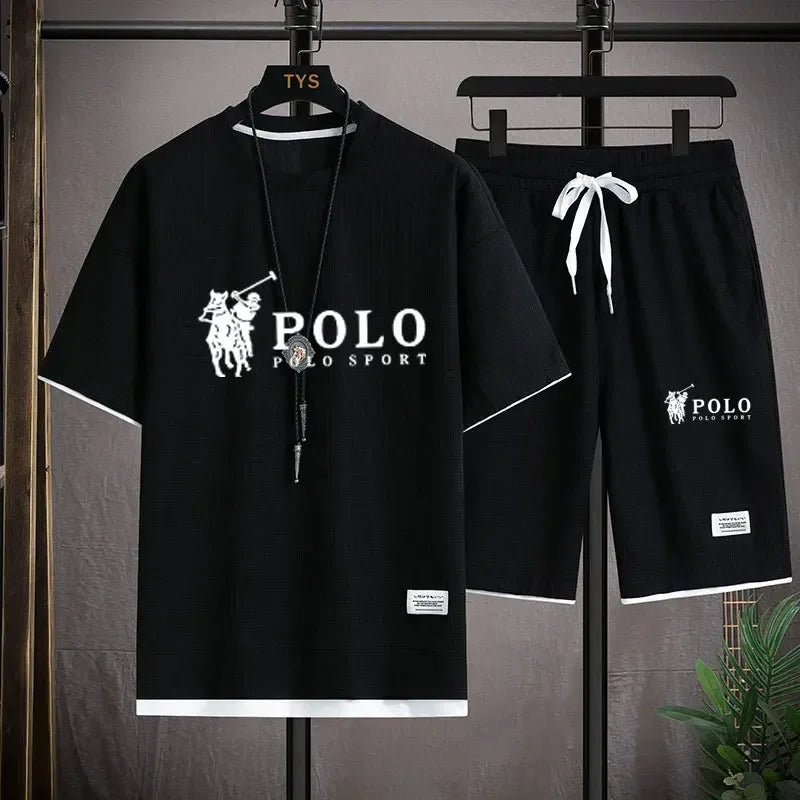 2025 Men's Short-sleeved T-shirt + Sports Shorts Two-piece Summer Fashion Breathable Fitness Casual Jogging Set.