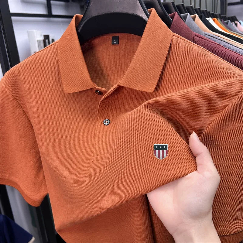 Men's Summer Luxury 100% Cotton Polo Shirt, Lapel Print Short Sleeve T-shirt, Breathable Business Casual Menswear