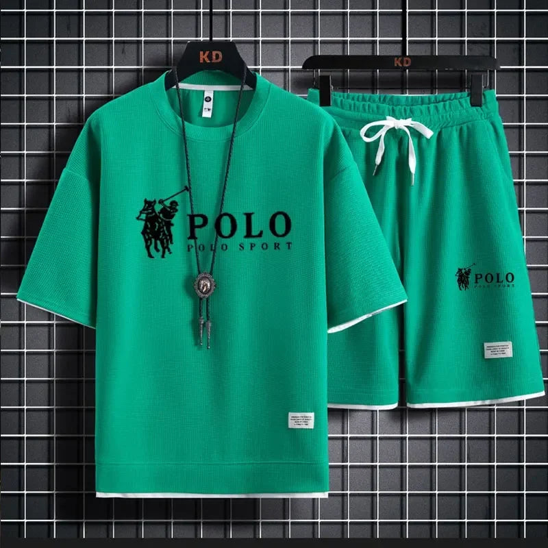 2025 Men's Short-sleeved T-shirt + Sports Shorts Two-piece Summer Fashion Breathable Fitness Casual Jogging Set.