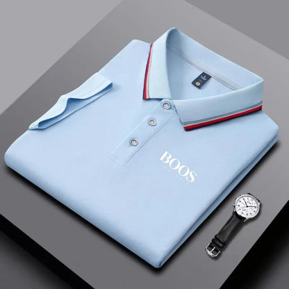 Men's business casual Polo shirt with striped collar and letter printed breathable short sleeved shirt, comfortable fabric