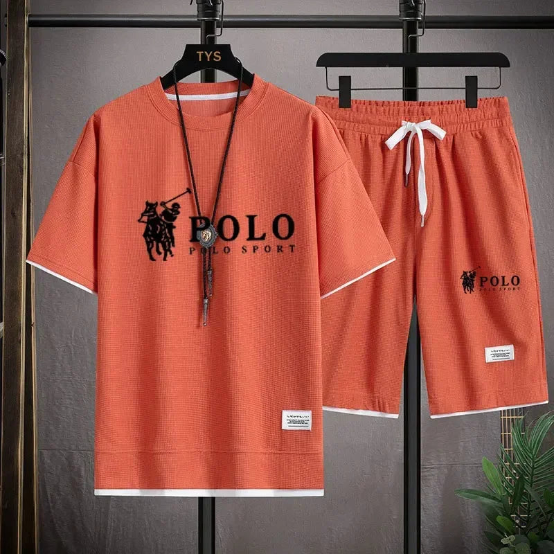 2025 Men's Short-sleeved T-shirt + Sports Shorts Two-piece Summer Fashion Breathable Fitness Casual Jogging Set.
