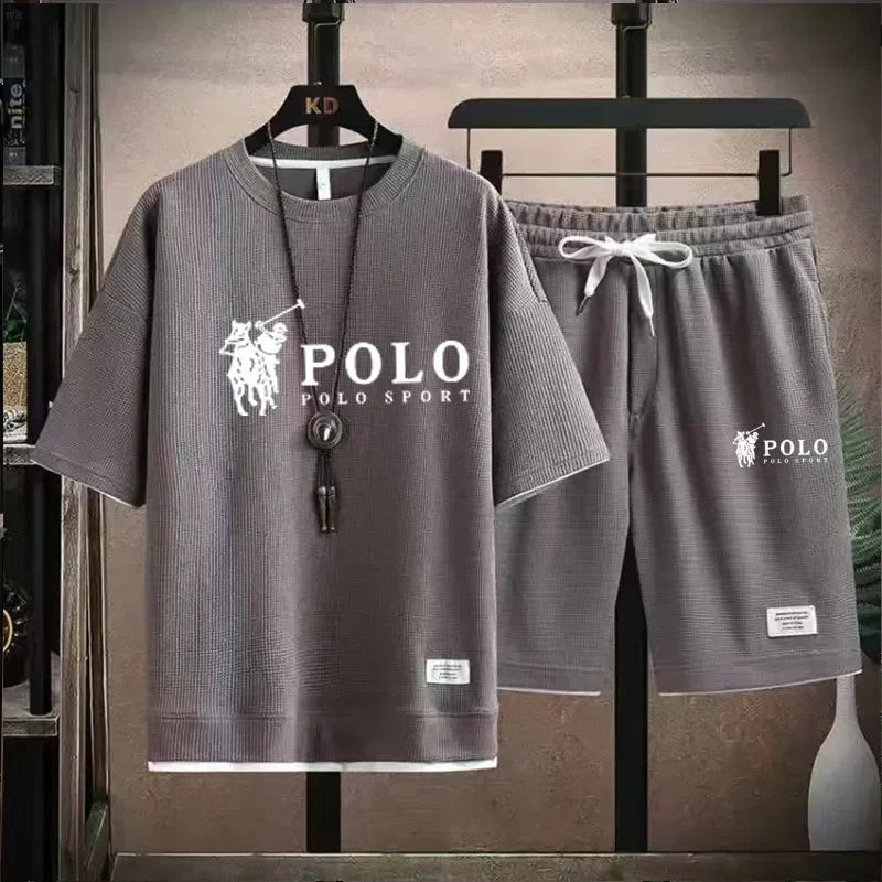 2025 Men's Short-sleeved T-shirt + Sports Shorts Two-piece Summer Fashion Breathable Fitness Casual Jogging Set.