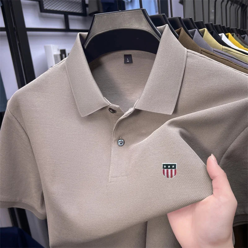 Men's Summer Luxury 100% Cotton Polo Shirt, Lapel Print Short Sleeve T-shirt, Breathable Business Casual Menswear