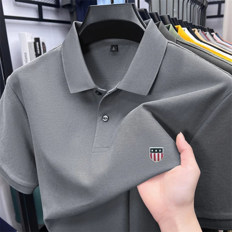 Men's Summer Luxury 100% Cotton Polo Shirt, Lapel Print Short Sleeve T-shirt, Breathable Business Casual Menswear