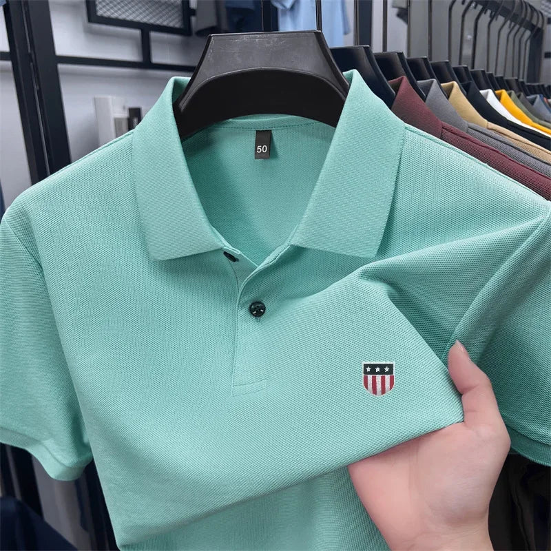 Men's Summer Luxury 100% Cotton Polo Shirt, Lapel Print Short Sleeve T-shirt, Breathable Business Casual Menswear