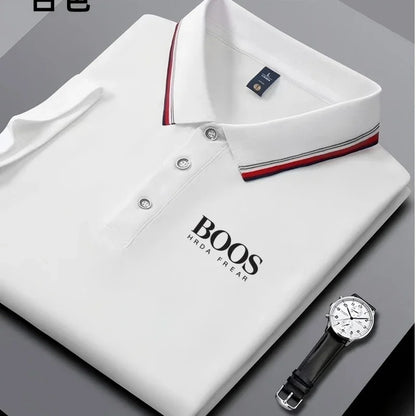 Men's business casual Polo shirt with striped collar and letter printed breathable short sleeved shirt, comfortable fabric