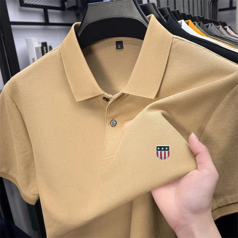 Men's Summer Luxury 100% Cotton Polo Shirt, Lapel Print Short Sleeve T-shirt, Breathable Business Casual Menswear