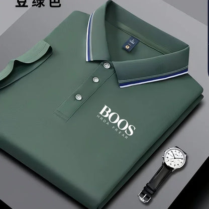 Men's business casual Polo shirt with striped collar and letter printed breathable short sleeved shirt, comfortable fabric