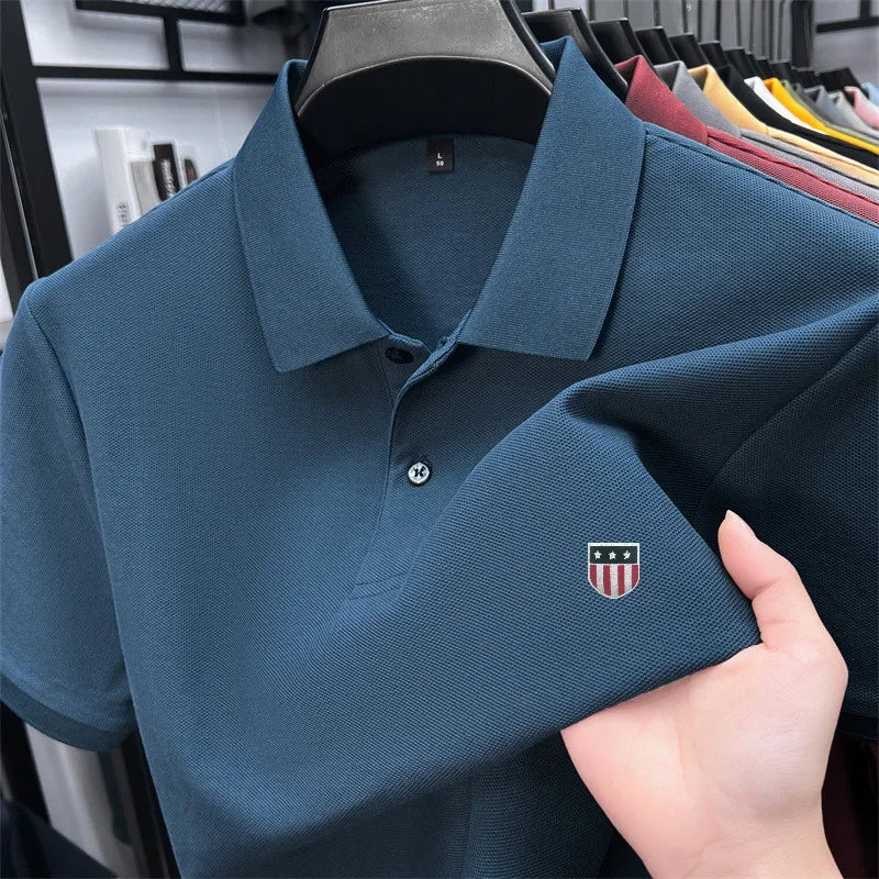 Men's Summer Luxury 100% Cotton Polo Shirt, Lapel Print Short Sleeve T-shirt, Breathable Business Casual Menswear