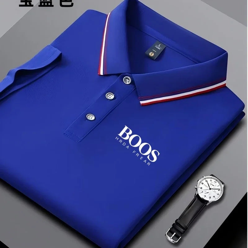 Men's business casual Polo shirt with striped collar and letter printed breathable short sleeved shirt, comfortable fabric