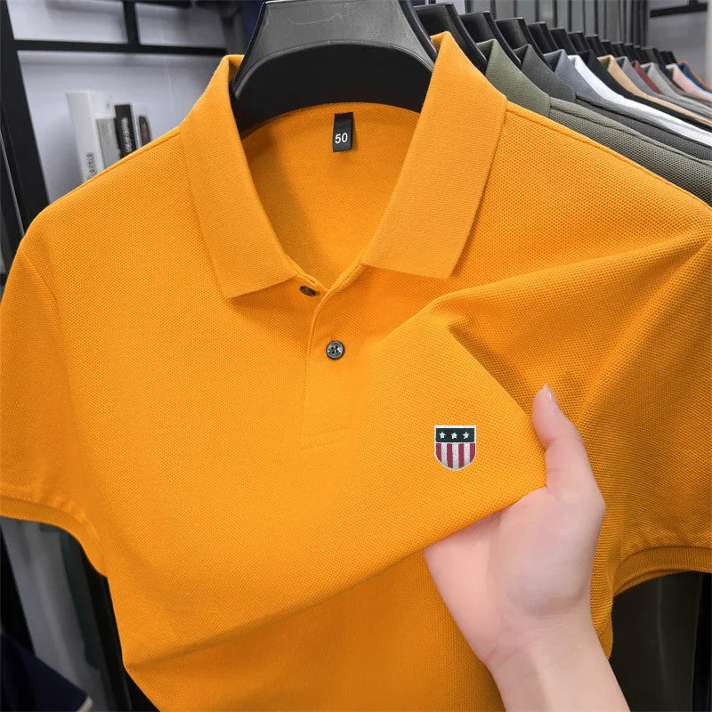 Men's Summer Luxury 100% Cotton Polo Shirt, Lapel Print Short Sleeve T-shirt, Breathable Business Casual Menswear