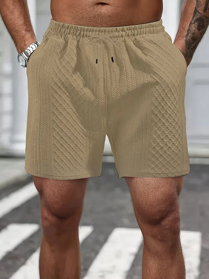 Men's Textured Knit Casual Shorts, Elastic Waist Drawstring Summer Shorts with Pockets for Street & Daily Wear