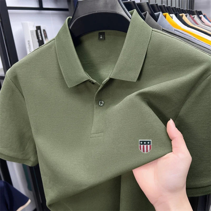 Men's Summer Luxury 100% Cotton Polo Shirt, Lapel Print Short Sleeve T-shirt, Breathable Business Casual Menswear