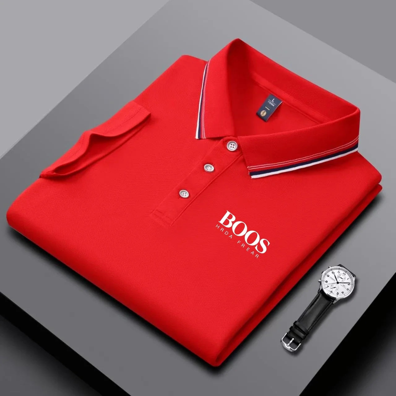 Men's business casual Polo shirt with striped collar and letter printed breathable short sleeved shirt, comfortable fabric