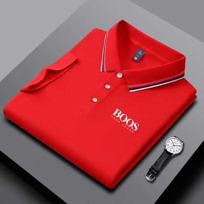 Men's business casual Polo shirt with striped collar and letter printed breathable short sleeved shirt, comfortable fabric