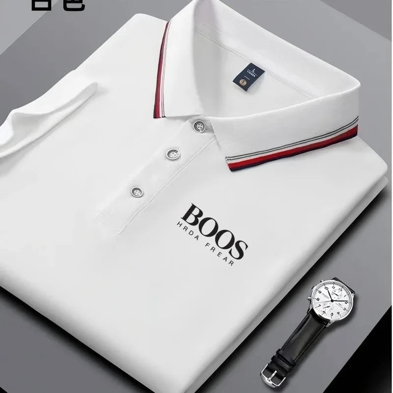 Men's business casual Polo shirt with striped collar and letter printed breathable short sleeved shirt, comfortable fabric