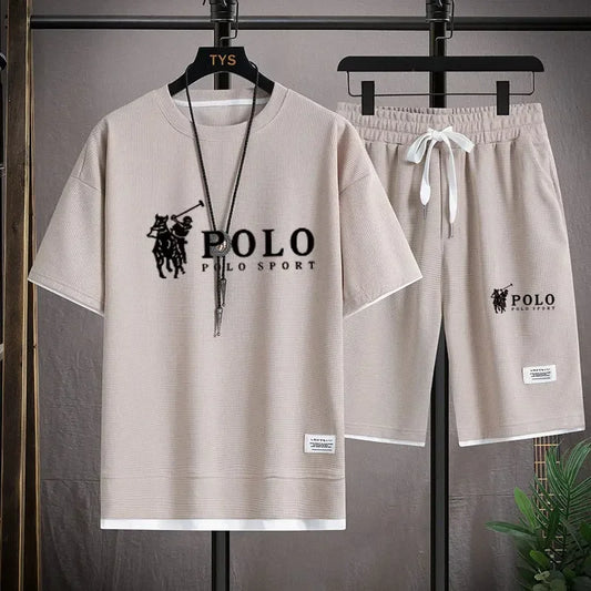 2025 Men's Short-sleeved T-shirt + Sports Shorts Two-piece Summer Fashion Breathable Fitness Casual Jogging Set.