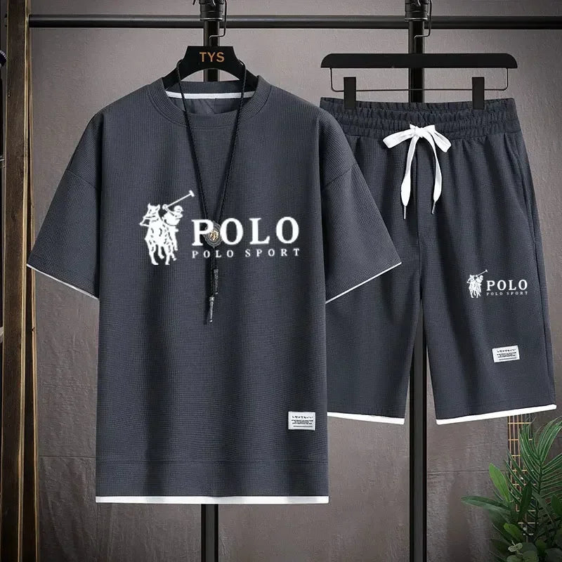 2025 Men's Short-sleeved T-shirt + Sports Shorts Two-piece Summer Fashion Breathable Fitness Casual Jogging Set.