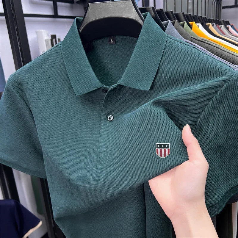 Men's Summer Luxury 100% Cotton Polo Shirt, Lapel Print Short Sleeve T-shirt, Breathable Business Casual Menswear