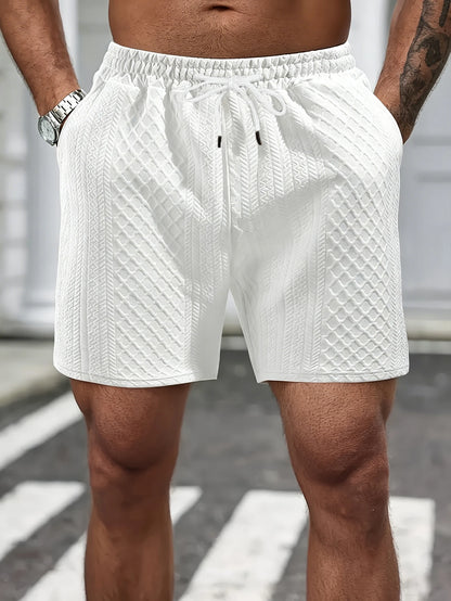 Men's Textured Knit Casual Shorts, Elastic Waist Drawstring Summer Shorts with Pockets for Street & Daily Wear