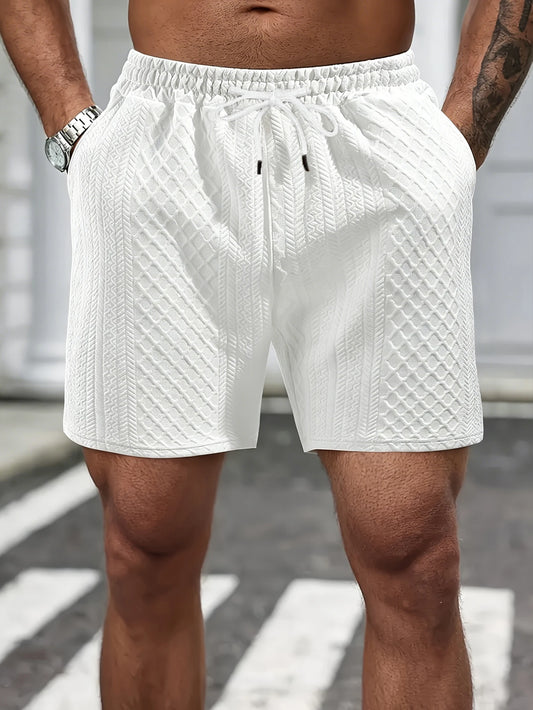 Men's Textured Knit Casual Shorts, Elastic Waist Drawstring Summer Shorts with Pockets for Street & Daily Wear