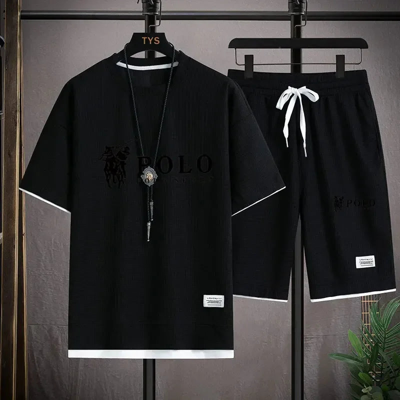 2025 Men's Short-sleeved T-shirt + Sports Shorts Two-piece Summer Fashion Breathable Fitness Casual Jogging Set.