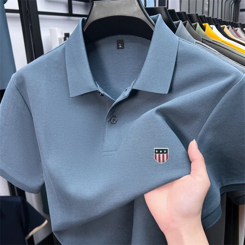 Men's Summer Luxury 100% Cotton Polo Shirt, Lapel Print Short Sleeve T-shirt, Breathable Business Casual Menswear