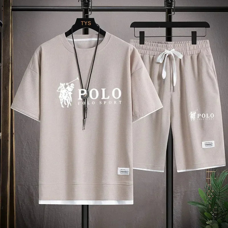 2025 Men's Short-sleeved T-shirt + Sports Shorts Two-piece Summer Fashion Breathable Fitness Casual Jogging Set.