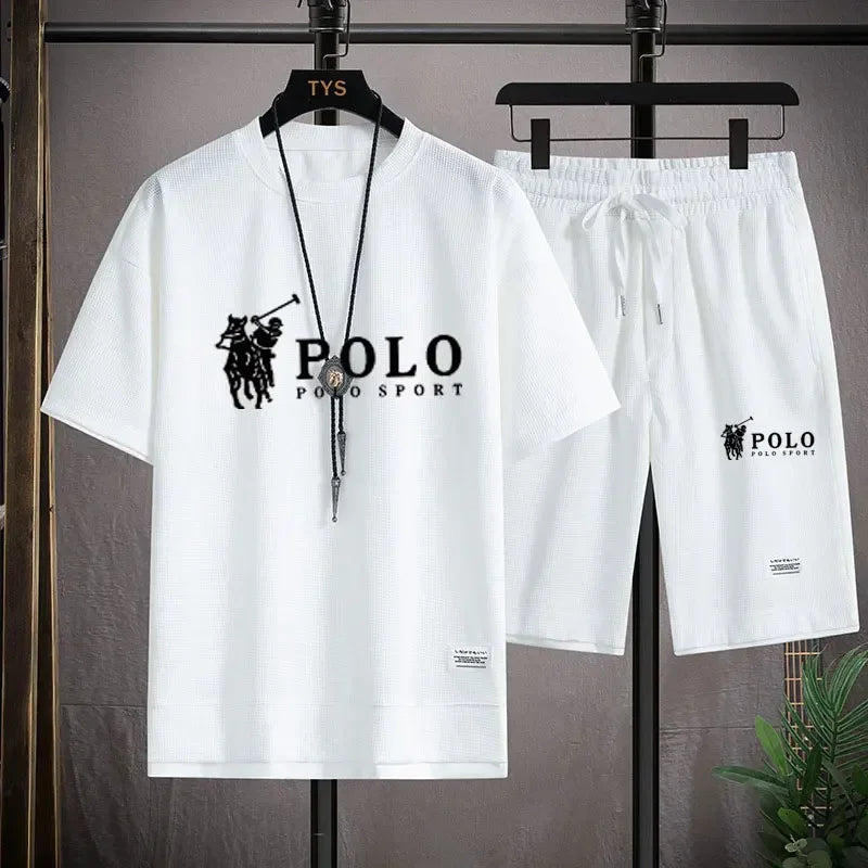 2025 Men's Short-sleeved T-shirt + Sports Shorts Two-piece Summer Fashion Breathable Fitness Casual Jogging Set.