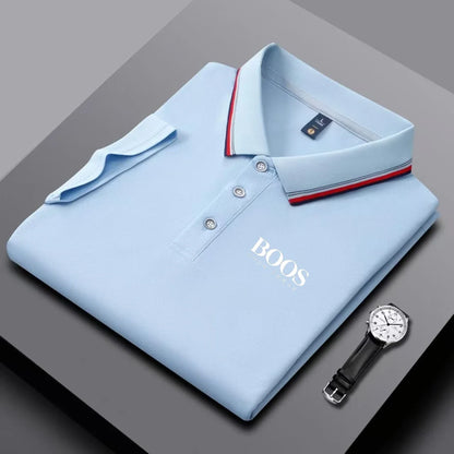 Men's business casual Polo shirt with striped collar and letter printed breathable short sleeved shirt, comfortable fabric