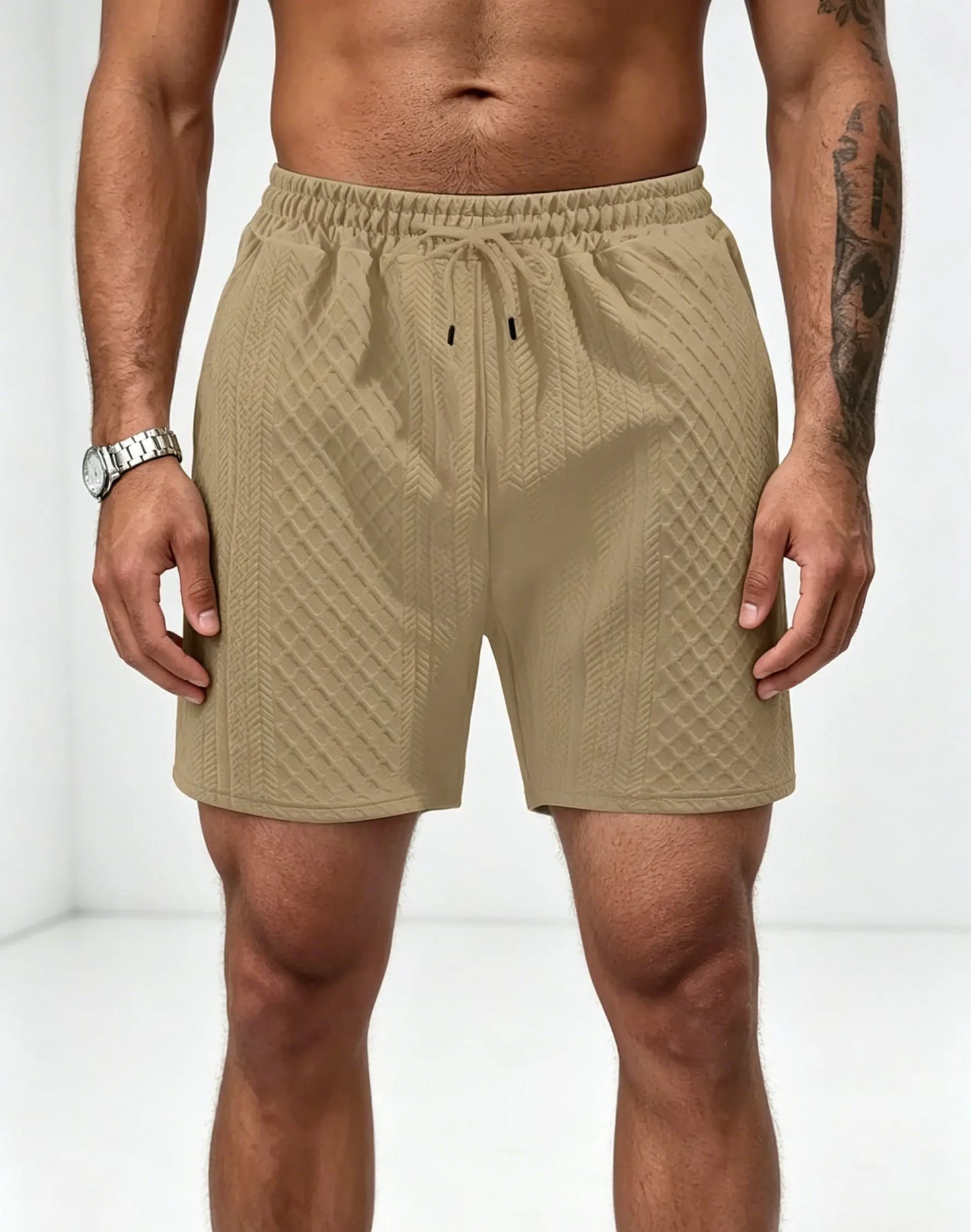 Men's Textured Knit Casual Shorts, Elastic Waist Drawstring Summer Shorts with Pockets for Street & Daily Wear