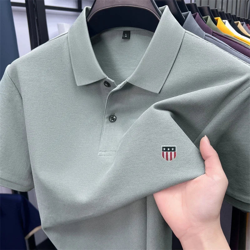 Men's Summer Luxury 100% Cotton Polo Shirt, Lapel Print Short Sleeve T-shirt, Breathable Business Casual Menswear