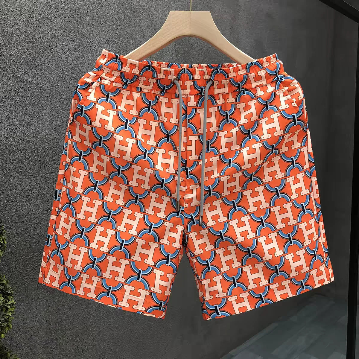 Men Orange Full H Letter Beach Shorts Quick Dry Casual Pocket Swim Trunks Summer Holiday Luxury Pattern Sports Board Short Pants