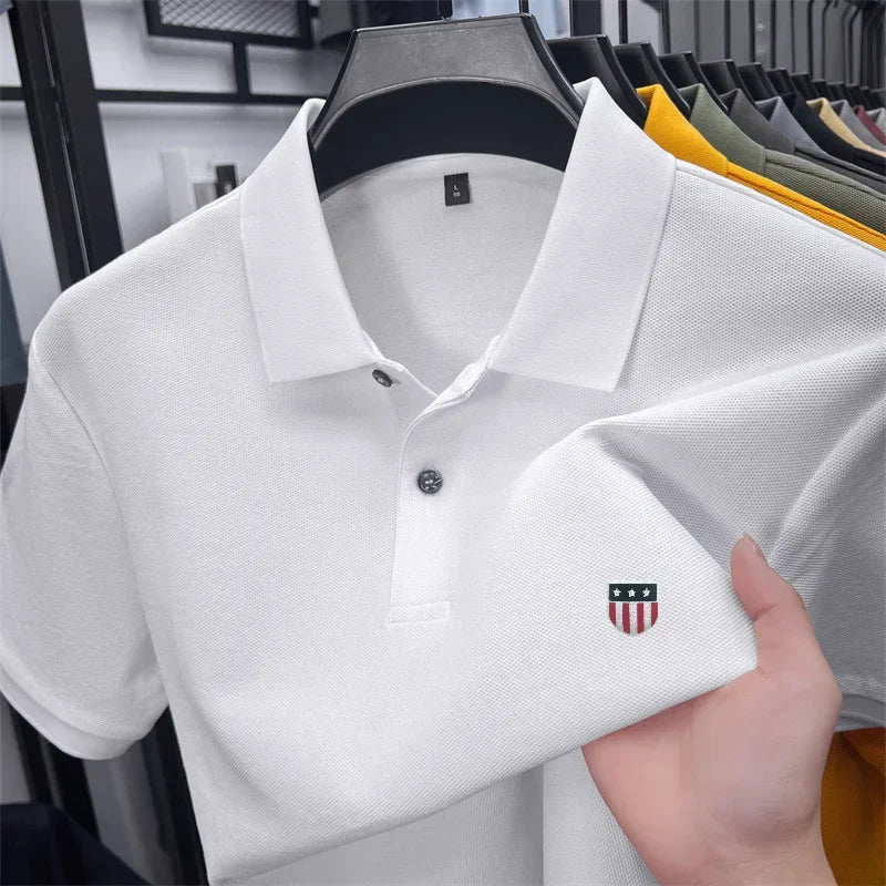 Men's Summer Luxury 100% Cotton Polo Shirt, Lapel Print Short Sleeve T-shirt, Breathable Business Casual Menswear
