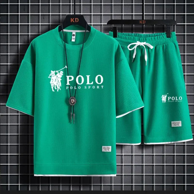 2025 Men's Short-sleeved T-shirt + Sports Shorts Two-piece Summer Fashion Breathable Fitness Casual Jogging Set.
