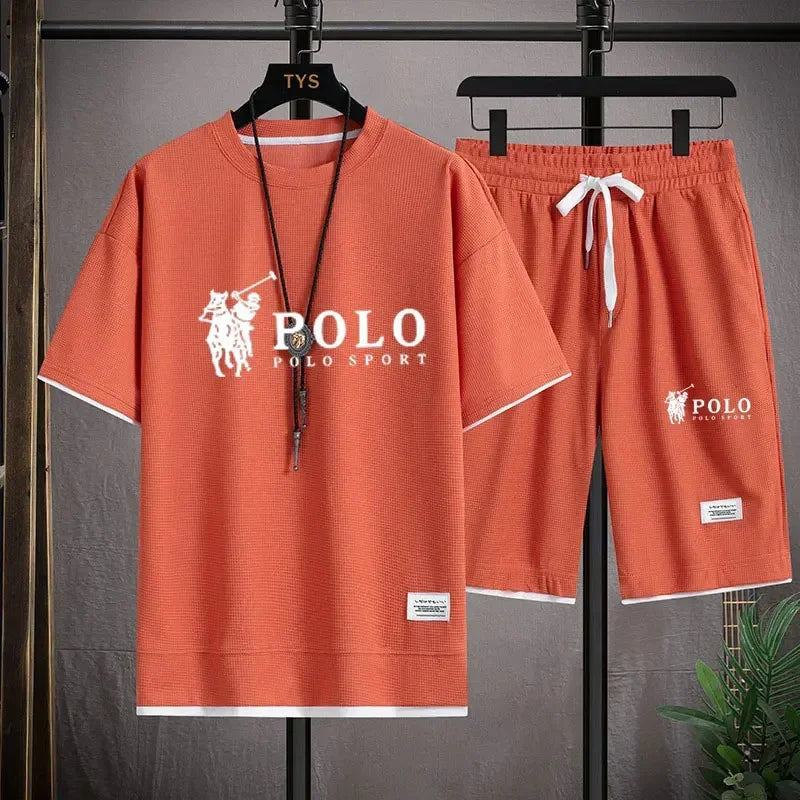 2025 Men's Short-sleeved T-shirt + Sports Shorts Two-piece Summer Fashion Breathable Fitness Casual Jogging Set.