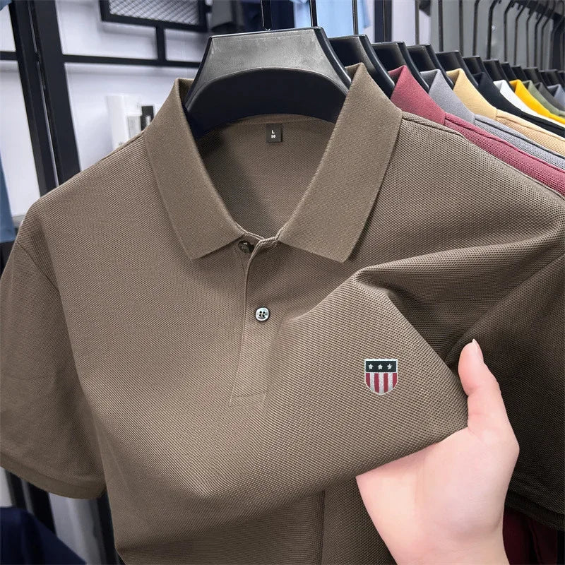 Men's Summer Luxury 100% Cotton Polo Shirt, Lapel Print Short Sleeve T-shirt, Breathable Business Casual Menswear