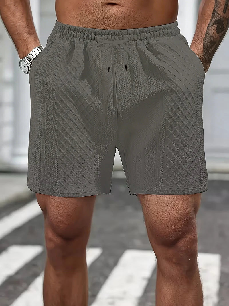Men's Textured Knit Casual Shorts, Elastic Waist Drawstring Summer Shorts with Pockets for Street & Daily Wear