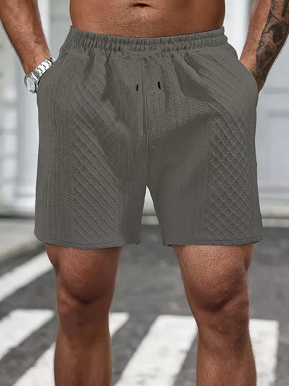 Men's Textured Knit Casual Shorts, Elastic Waist Drawstring Summer Shorts with Pockets for Street & Daily Wear