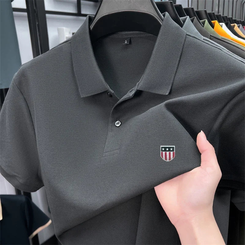 Men's Summer Luxury 100% Cotton Polo Shirt, Lapel Print Short Sleeve T-shirt, Breathable Business Casual Menswear
