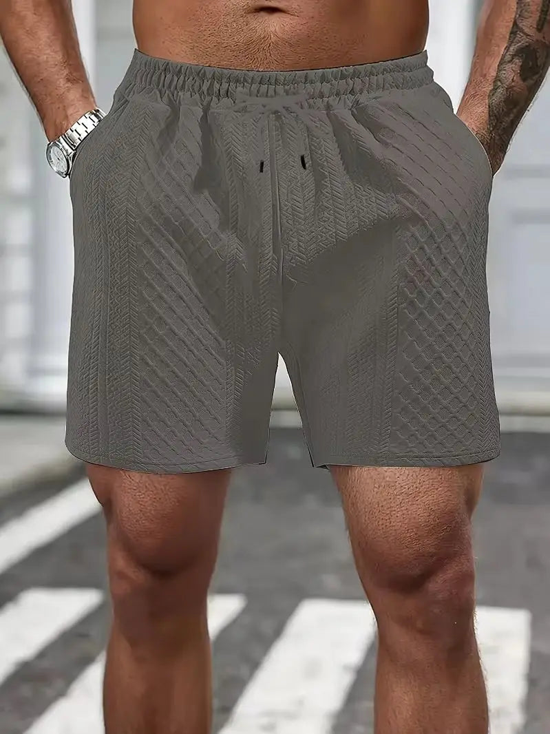 Men's Textured Knit Casual Shorts, Elastic Waist Drawstring Summer Shorts with Pockets for Street & Daily Wear