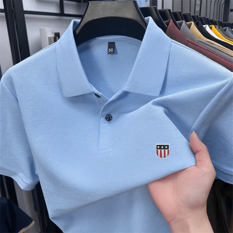 Men's Summer Luxury 100% Cotton Polo Shirt, Lapel Print Short Sleeve T-shirt, Breathable Business Casual Menswear