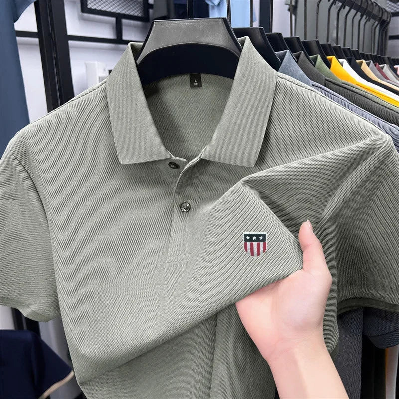 Men's Summer Luxury 100% Cotton Polo Shirt, Lapel Print Short Sleeve T-shirt, Breathable Business Casual Menswear
