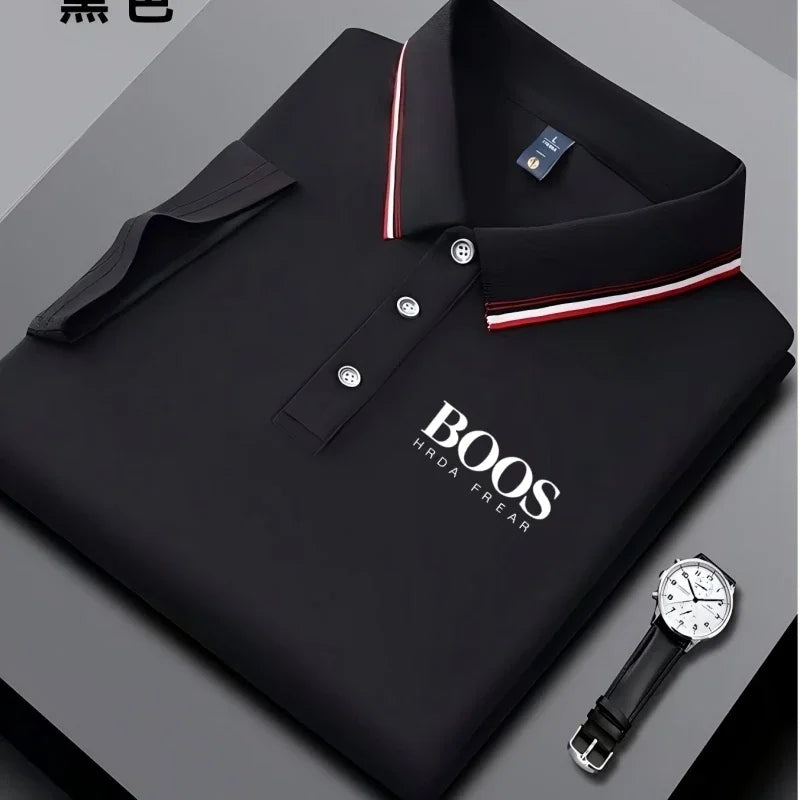 Men's business casual Polo shirt with striped collar and letter printed breathable short sleeved shirt, comfortable fabric