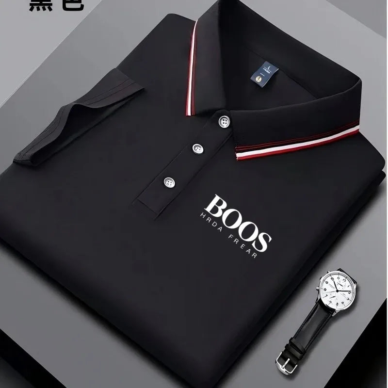 Men's business casual Polo shirt with striped collar and letter printed breathable short sleeved shirt, comfortable fabric