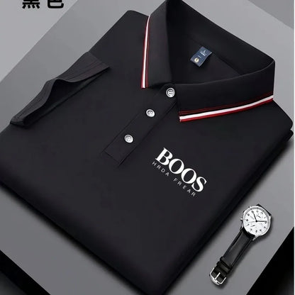 Men's business casual Polo shirt with striped collar and letter printed breathable short sleeved shirt, comfortable fabric