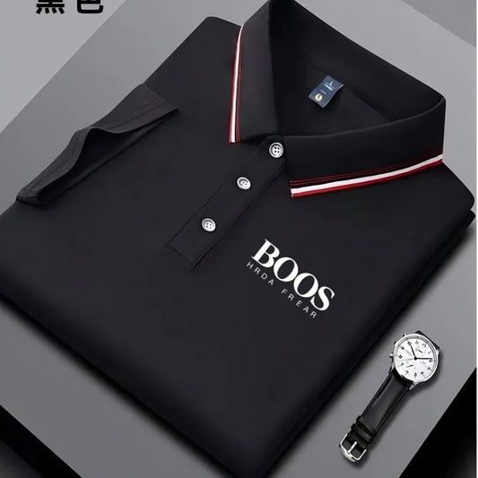 Men's business casual Polo shirt with striped collar and letter printed breathable short sleeved shirt, comfortable fabric