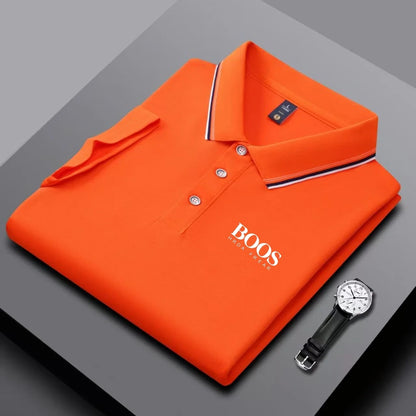 Men's business casual Polo shirt with striped collar and letter printed breathable short sleeved shirt, comfortable fabric