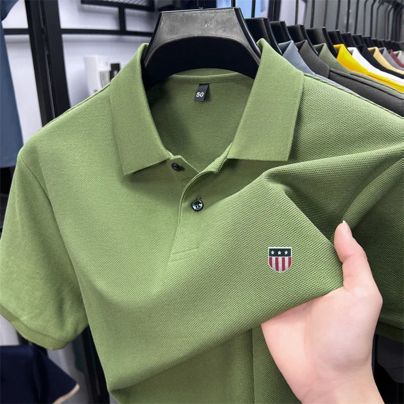 Men's Summer Luxury 100% Cotton Polo Shirt, Lapel Print Short Sleeve T-shirt, Breathable Business Casual Menswear
